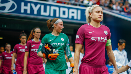 SKIPPER: Steph Houghton leads the team out at the Parc Olympique Lyonnais