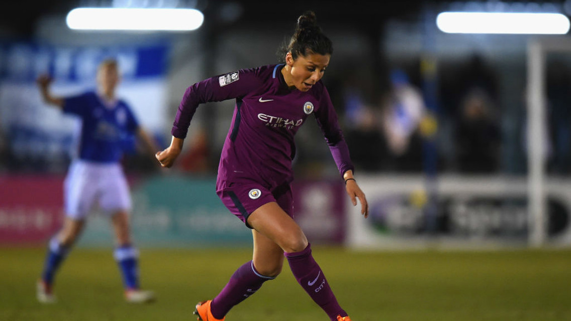 ATTACK: Nadia Nadim drives forward.