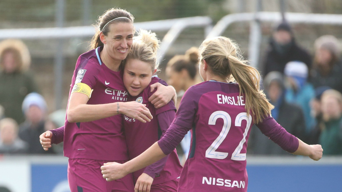 BUSY IZZY: Izzy Christiansen celebrates her opener in the FA Cup trip to Brighton