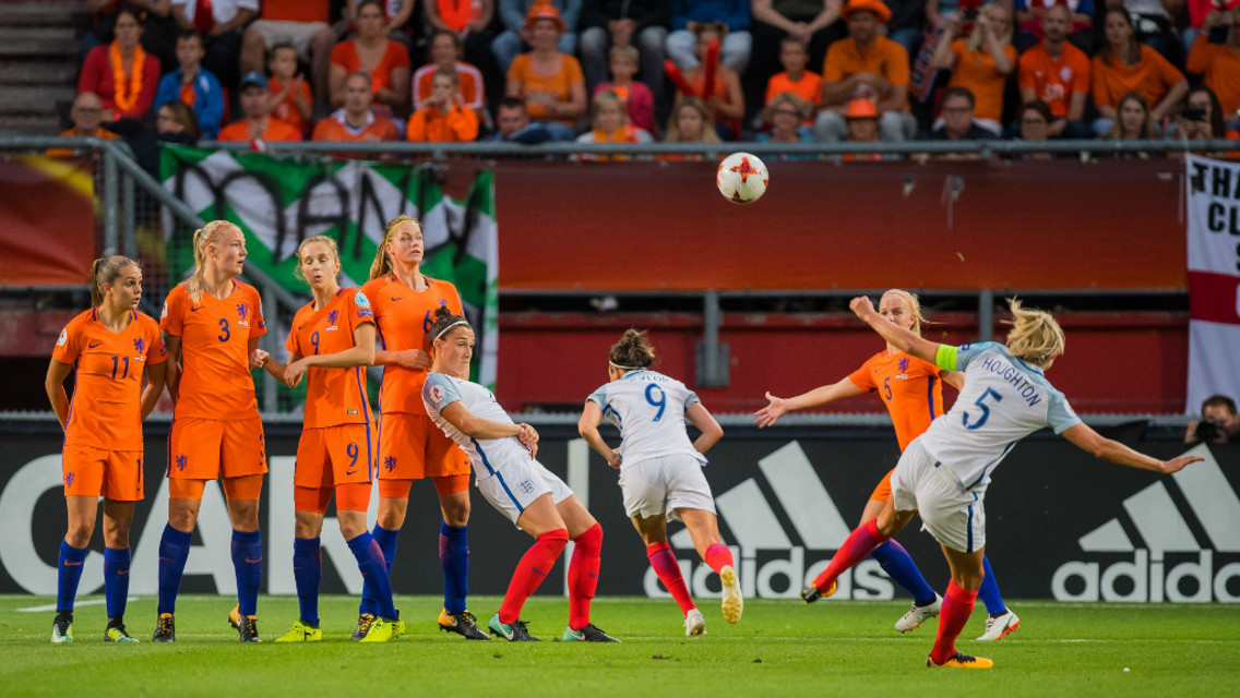 UNLUCKY: Steph Houghton goes close with a free kick in the first half.