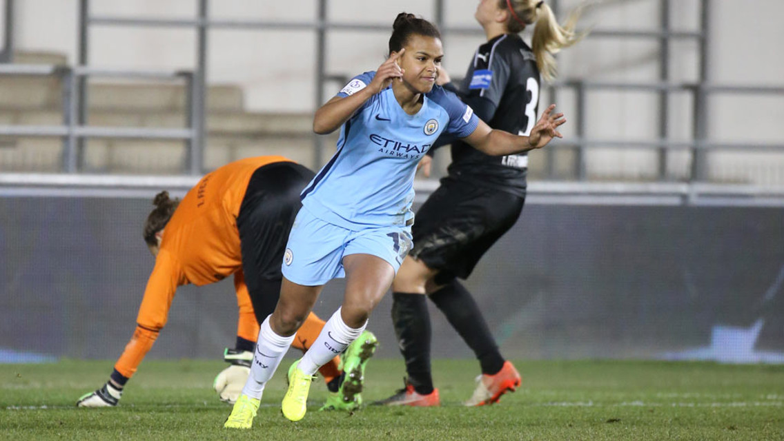PARRIS LIFE: Nikita Parris wheels away in celebration, urging her side on against Frankfurt