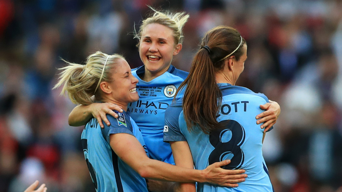 SKIPPER: Steph Houghton celebrates with Izzy Christiansen and Jill Scott