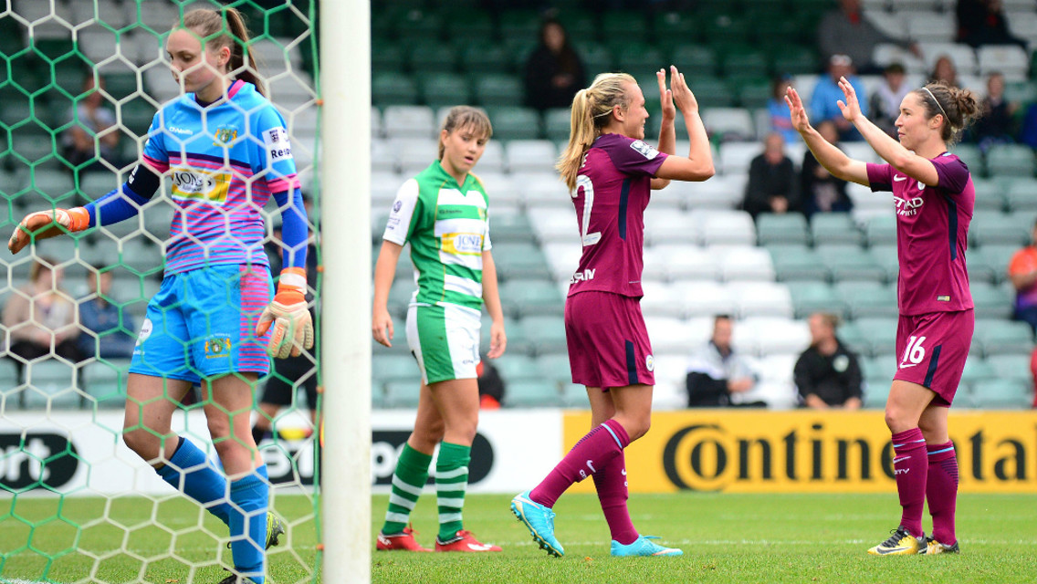TEAMWORK: Jane Ross thanks Claire Emslie for the assist at Yeovil
