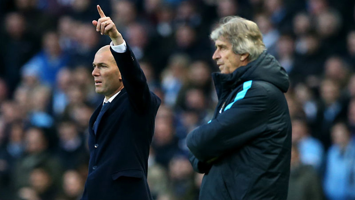 ALL SQUARE: Pellegrini & Zidane look on during the goalless draw at Etihad Stadium