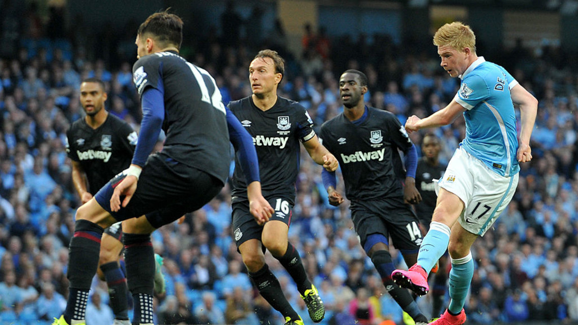 KDB: City's Belgian strikes for goal during last season's match between the sides