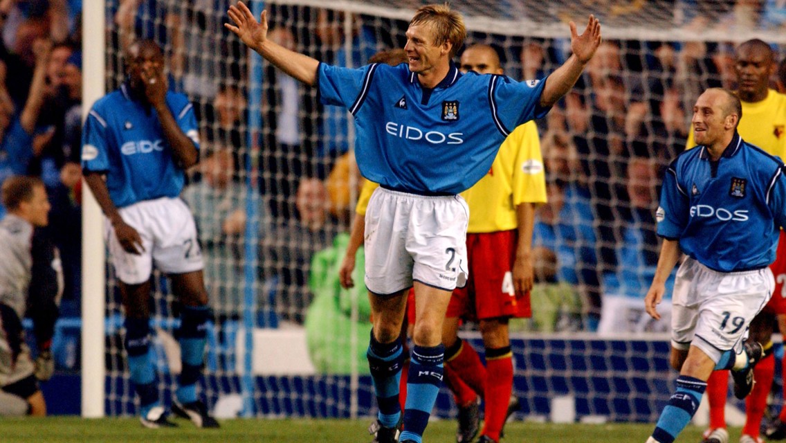 PIERCED: Stuart Pearce celebrates after scoring on opening day in 2001!