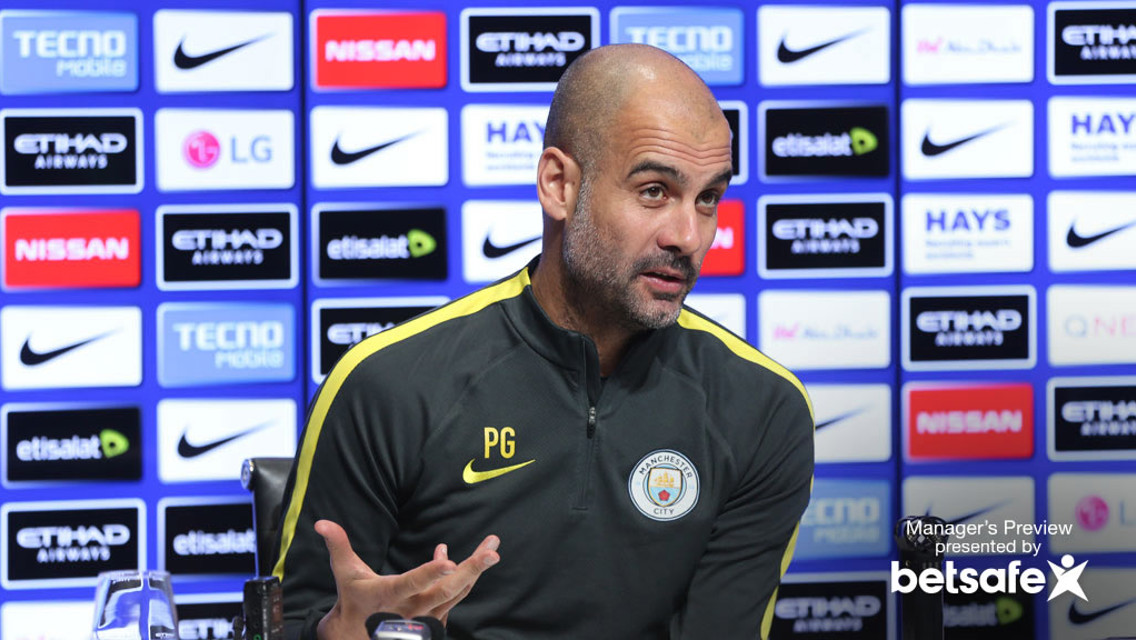 MAKING HIS POINT: Pep Guardiola at the pre- Leicester press conference