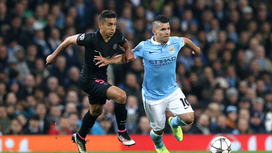FUTURE TEAMMATES?: Sergio Aguero and Marquinhos battle for possession