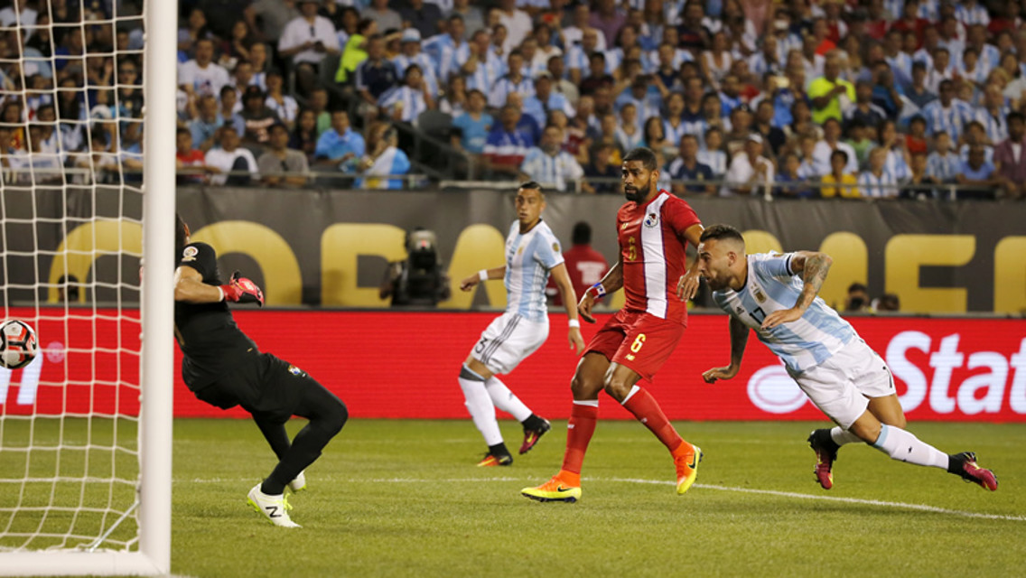 THE GENERAL: Otamendi heads Argentina into the lead