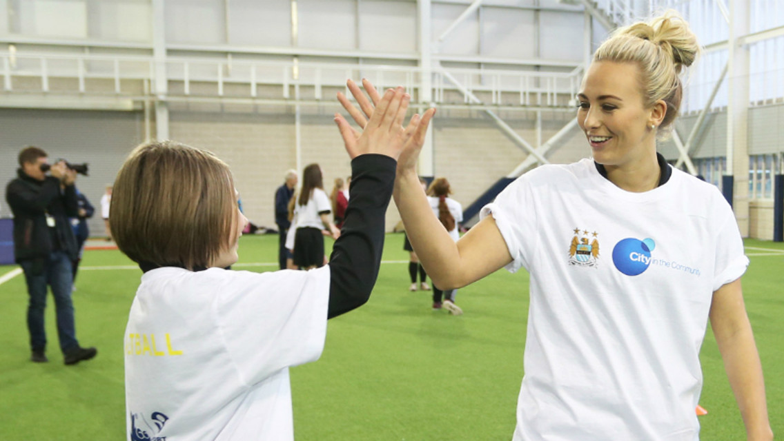 KICK IT OUT: Toni Duggan gets involved at a City in the Community multisport event