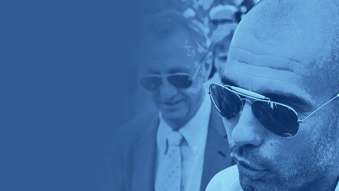 MEETING OF MINDS: Pep Guardiola has studied and built on Johan Cruyff's management style