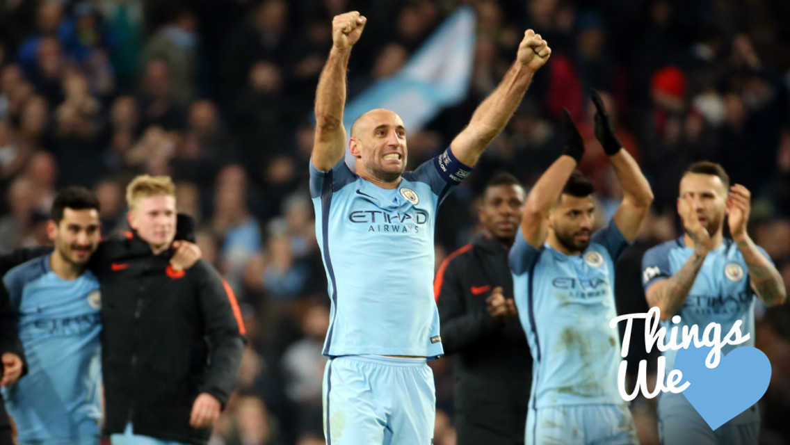 ZAB MAN: Typically passionate, Pablo Zabaleta celebrates with the fans after the Champions League win over Barcelona