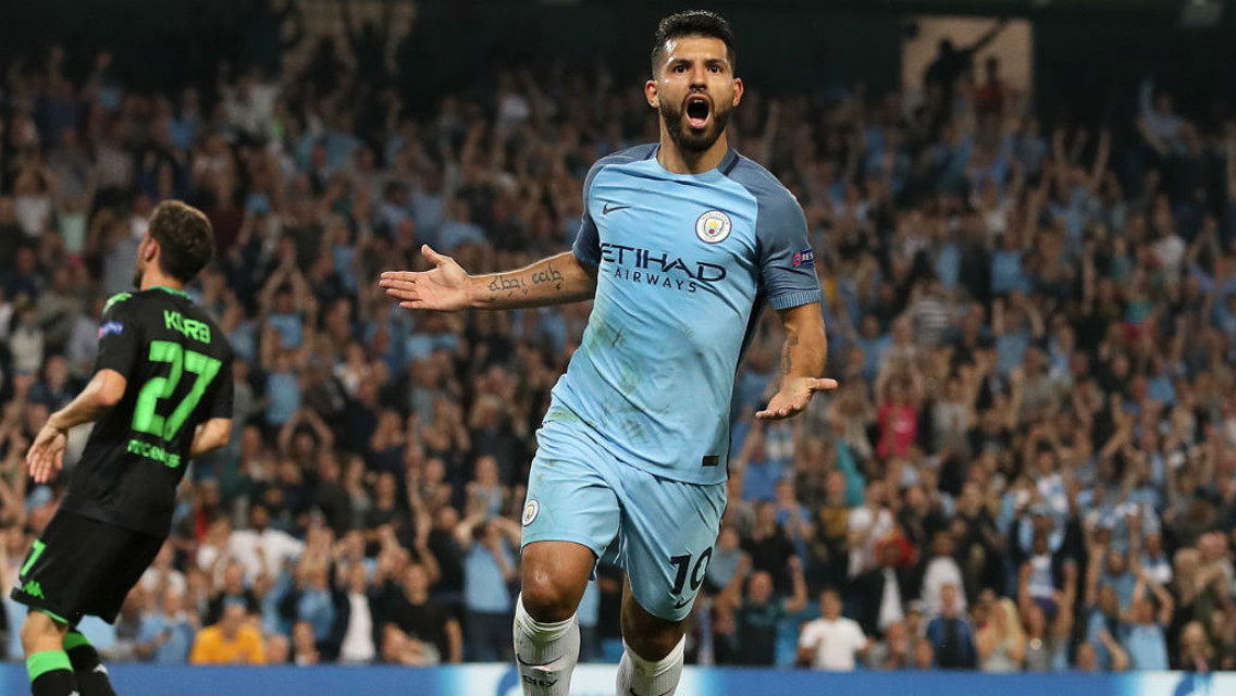 LETHAL FINISHER: Aguero celebrates one of his 11 goals so far this season