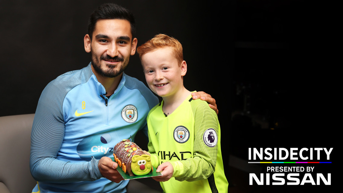 BIRTHDAY TREAT: Ilkay Gundogan and Braydon Bent pose after a special visit