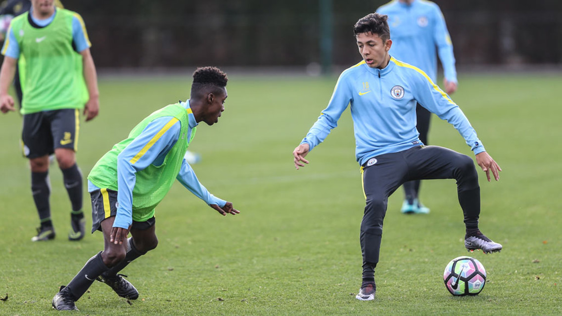 POVEDA: Ian Carlo keeps hold of the ball during training earlier this week