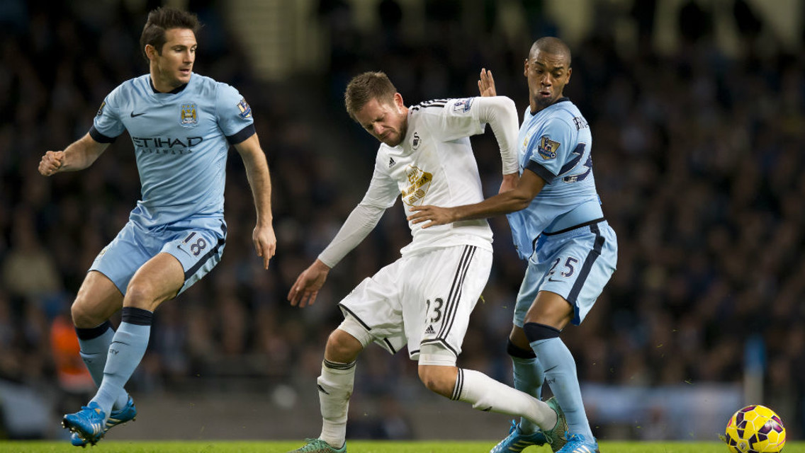 CITY TUSSLE: Fernandinho and Gylfi Sigurdsson come together during a match between the sides in 2014