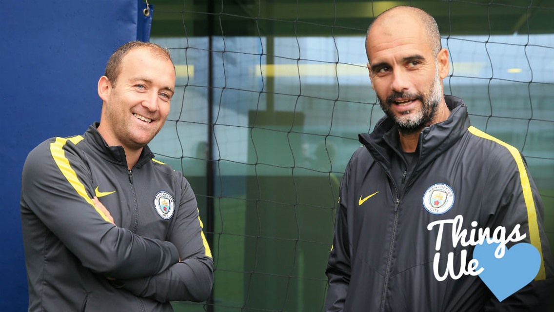 DOUBLE JOY: Pep Guardiola congratulates City Women's boss Nick Cushing after a historic achievement for the club