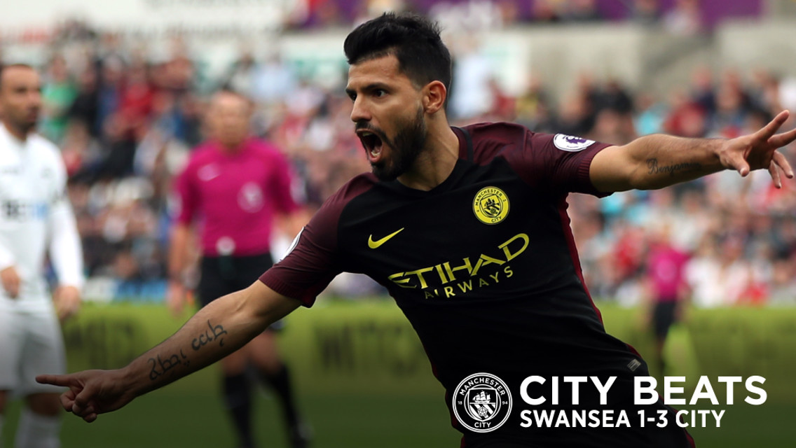 KING KUN: Sergio Aguero marked his return to Premier League action with a brace against Swansea
