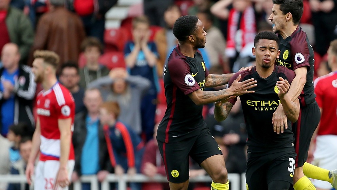 LEVELLER: Gabriel Jesus celebrates with Raheem Sterling and Jesus Navas