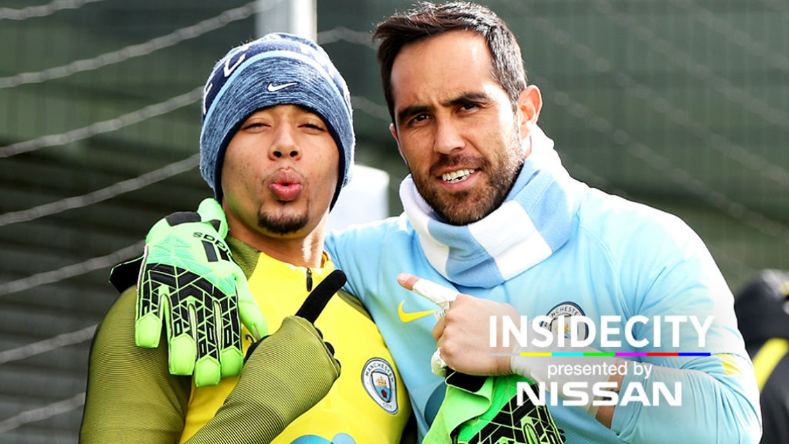 ALL SMILES: Gabriel Jesus and Claudio Bravo are arm in arm during a training session this week