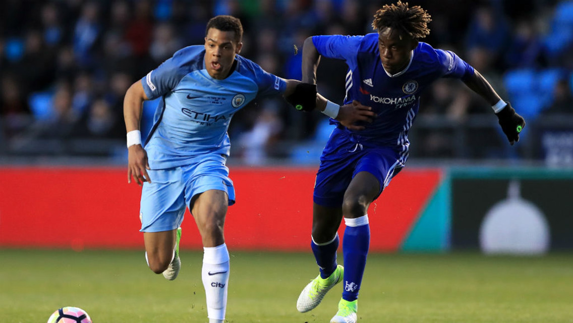 NMECHA: City's striker battles hard during the first leg of the FA Youth Cup final with Chelsea