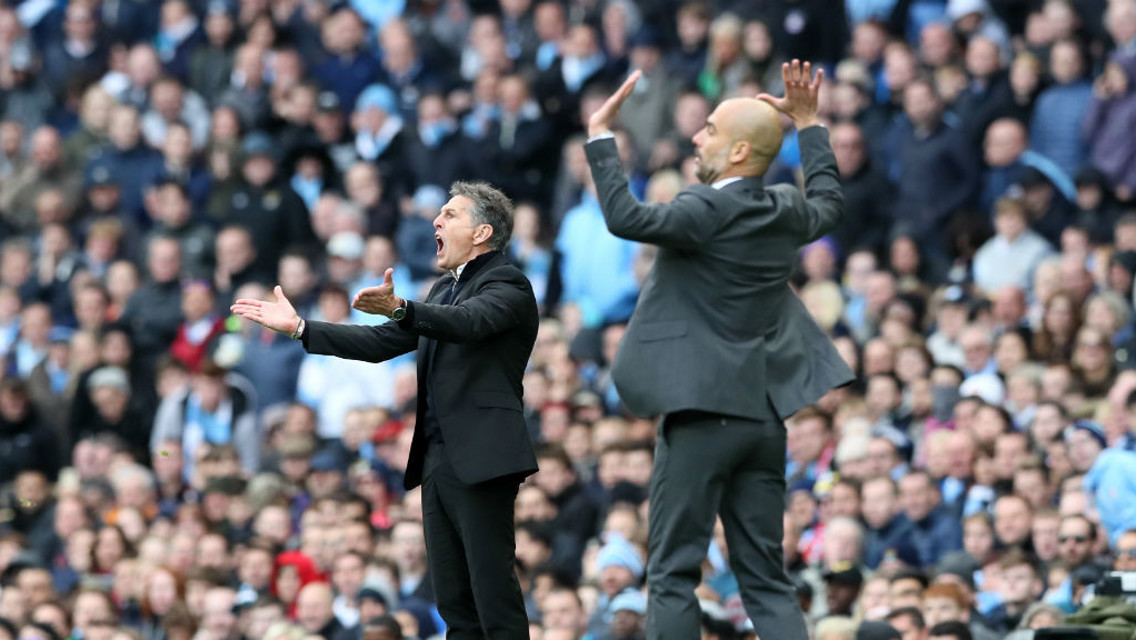 FACE OFF: Pep Guardiola comes up against Claude Puel again on Saturday.