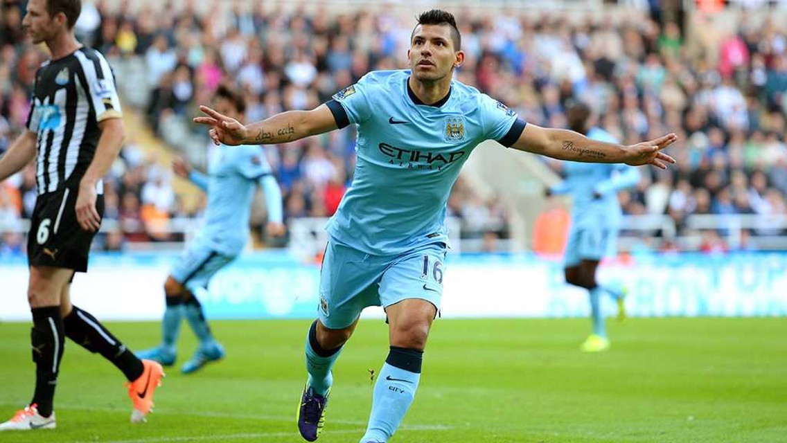 OPENING SHOT: Sergio Aguero celebrates his opening day strike at Newcastle back in August 2014