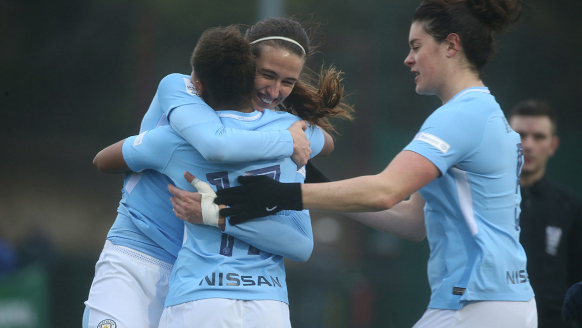 CONTINENTAL CUP: City celebrate after scoring against Bristol.