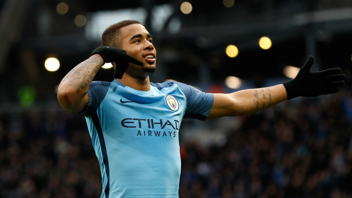 CALL ON ME: Gabriel Jesus celebrates his winner against Swansea