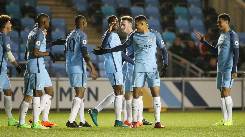 THE OPENER: Demeaco Duhaney's crucial early strike is celebrated by City