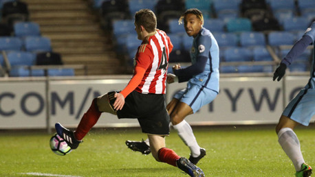 STRAIGHT IN: Demeaco Duhaney fires Manchester City into the lead against Sunderland