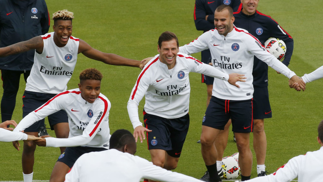 SMILING DUO: Krychowiak and Jese enjoy themselves during Paris Saint-Germain training...