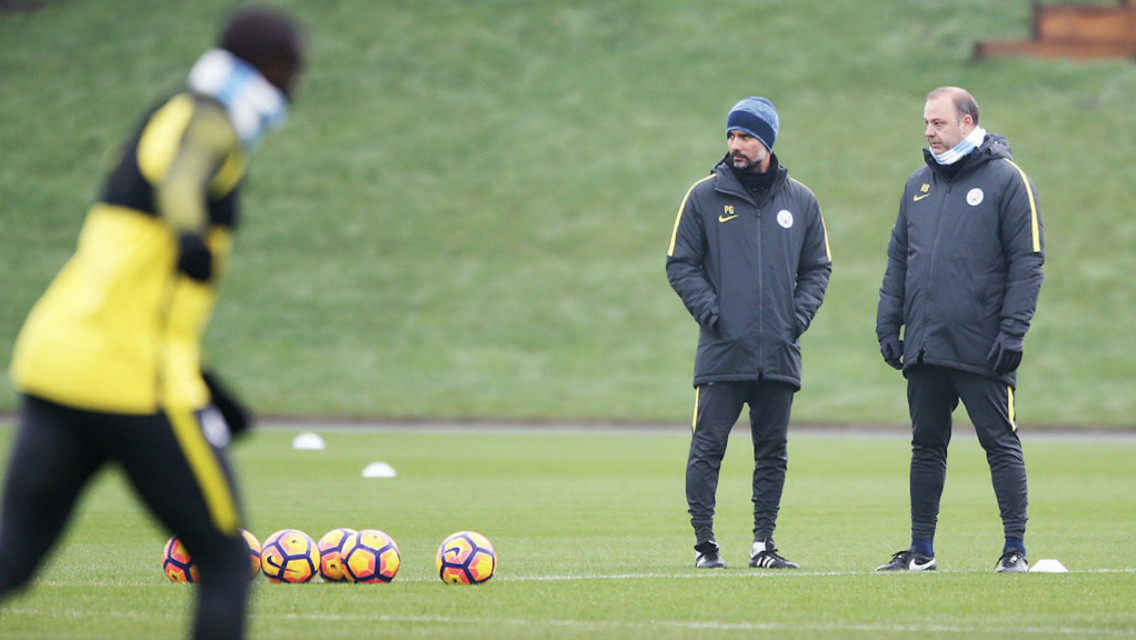 WATCHFUL EYE: Pep and Rodolfo Borrell preparing the squad for Saturday's game against Spurs.