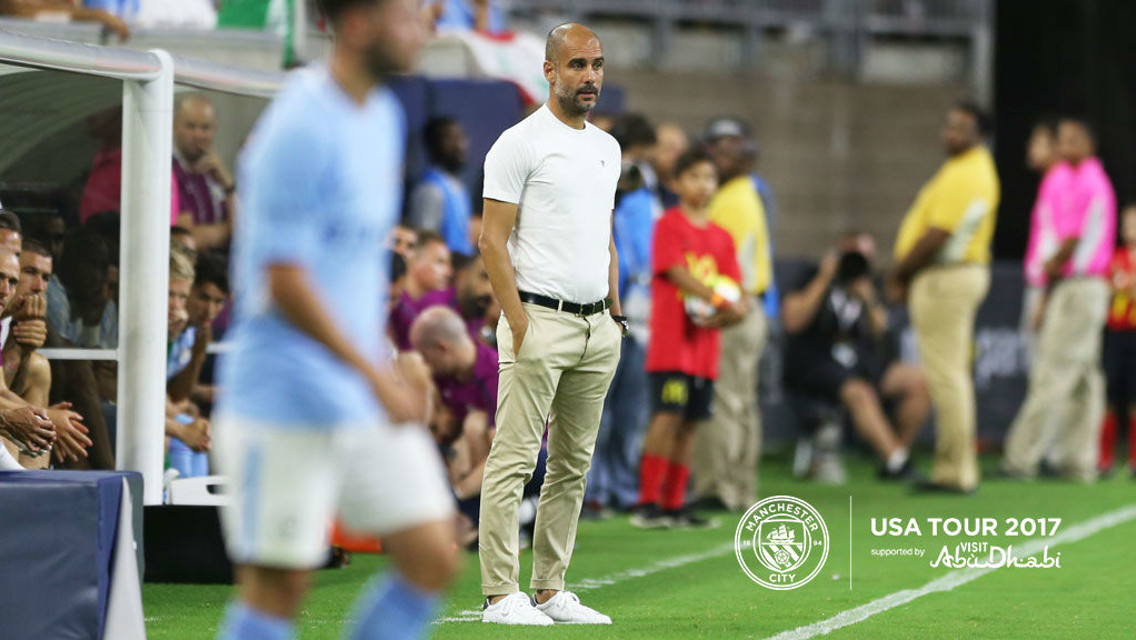 PEP TALK: The boss was impressed with his new signings in the 2-0 defeat to Manchester United in Houston 