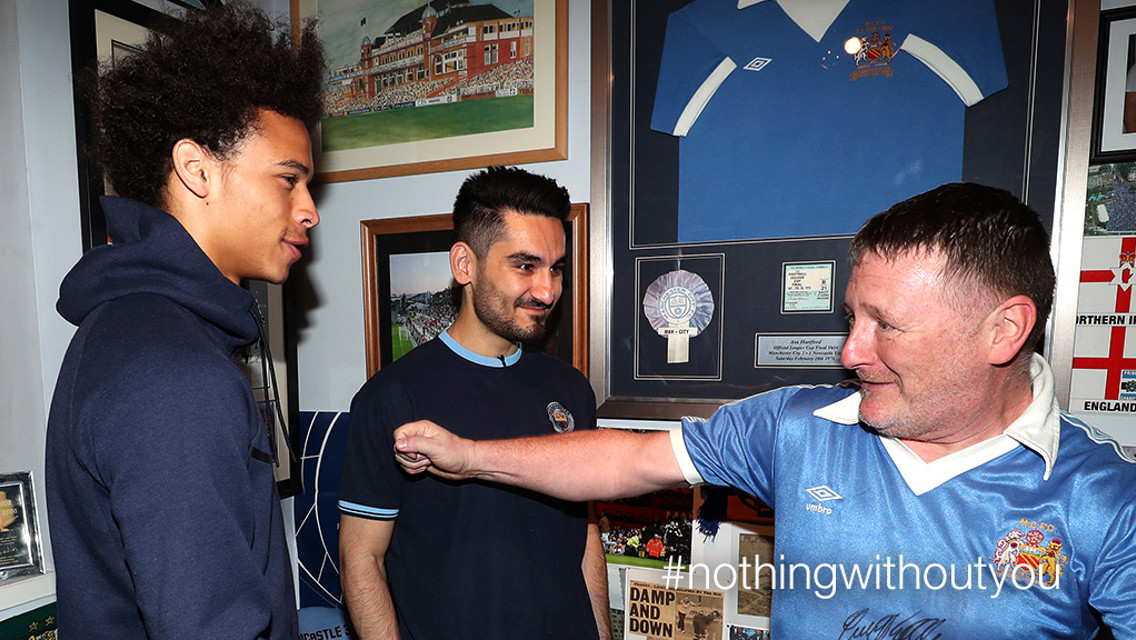 SUPERFAN: True Blue Sean Riley was given a big surprise when Leroy Sane and Ilkay Gundogan turned up at his house to thank him for his support 
