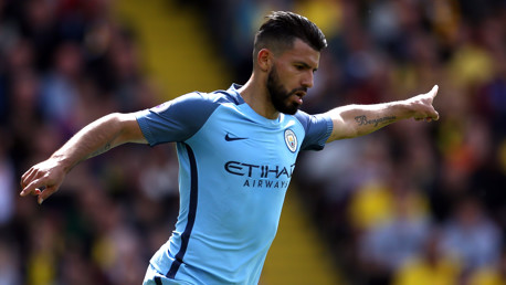 SURGING SERGIO: Sergio Aguero celebrates his goal at Vicarage Road against Watford