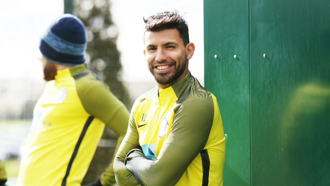 RARING TO GO: Sergio Aguero flashes a smile before training.