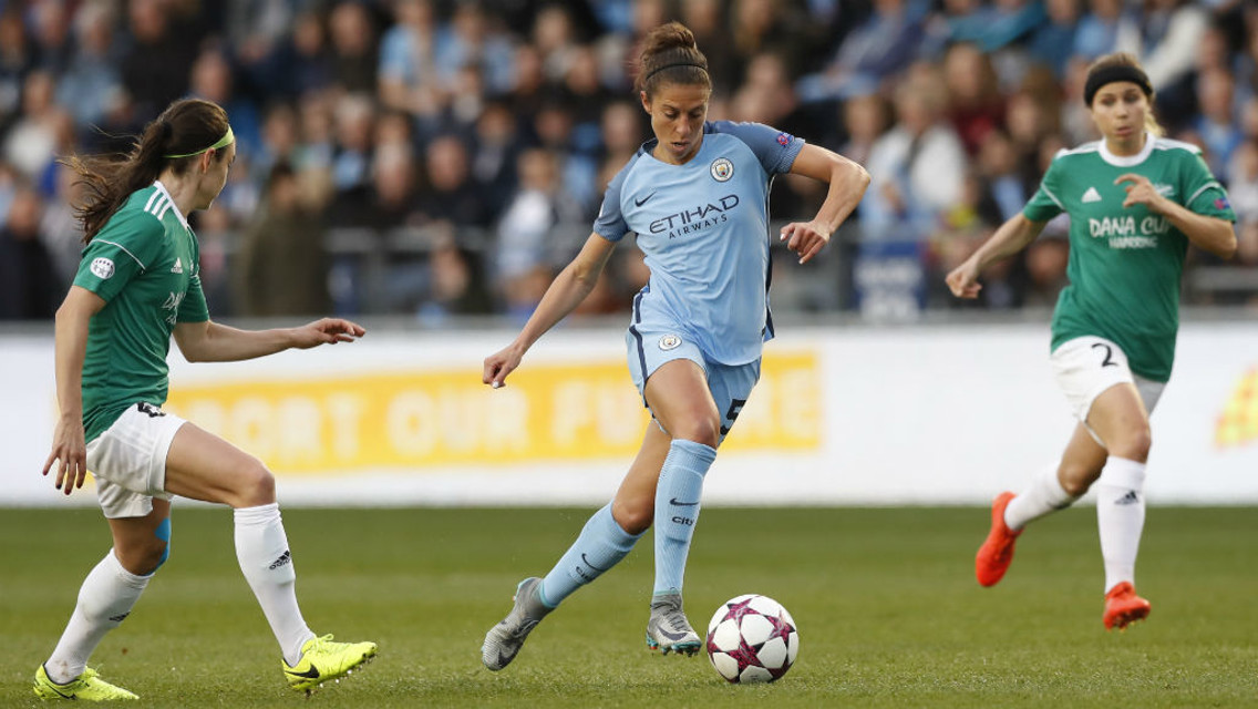 LLOYD: City's American midfielder creates an opening in the Fortuna Hjorring defence