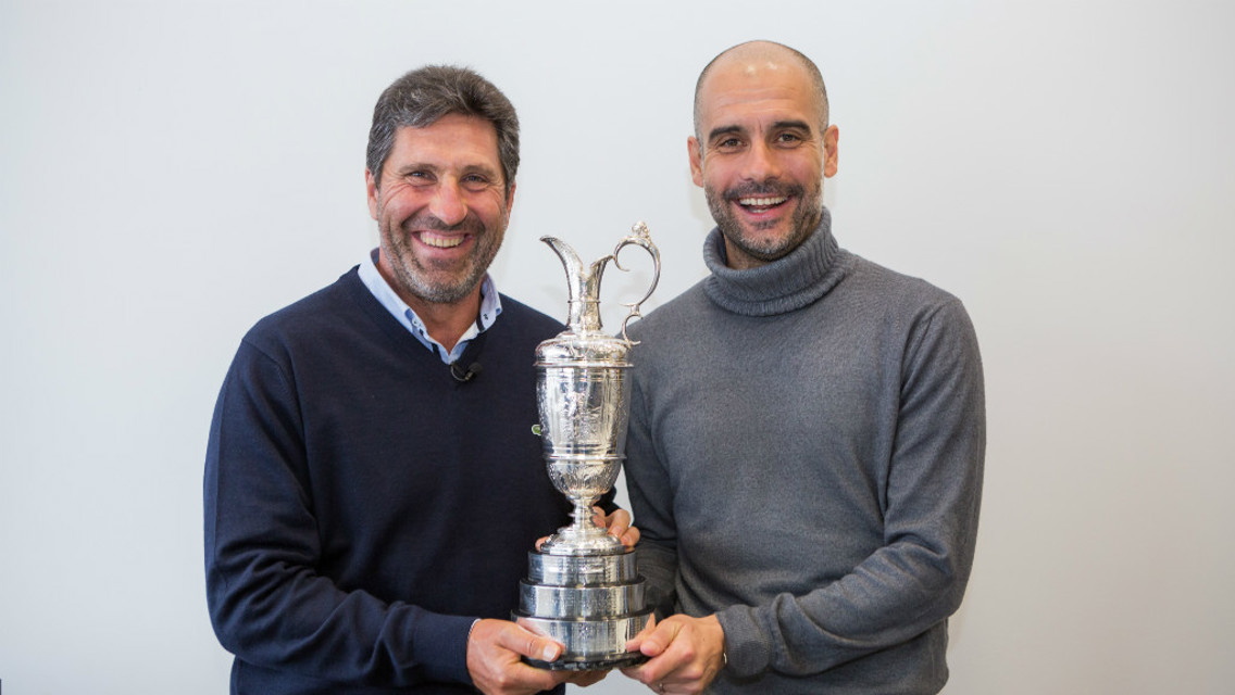 FRIENDS: Pep Guardiola and Jose Maria Olazabal with the famous Claret Jug.