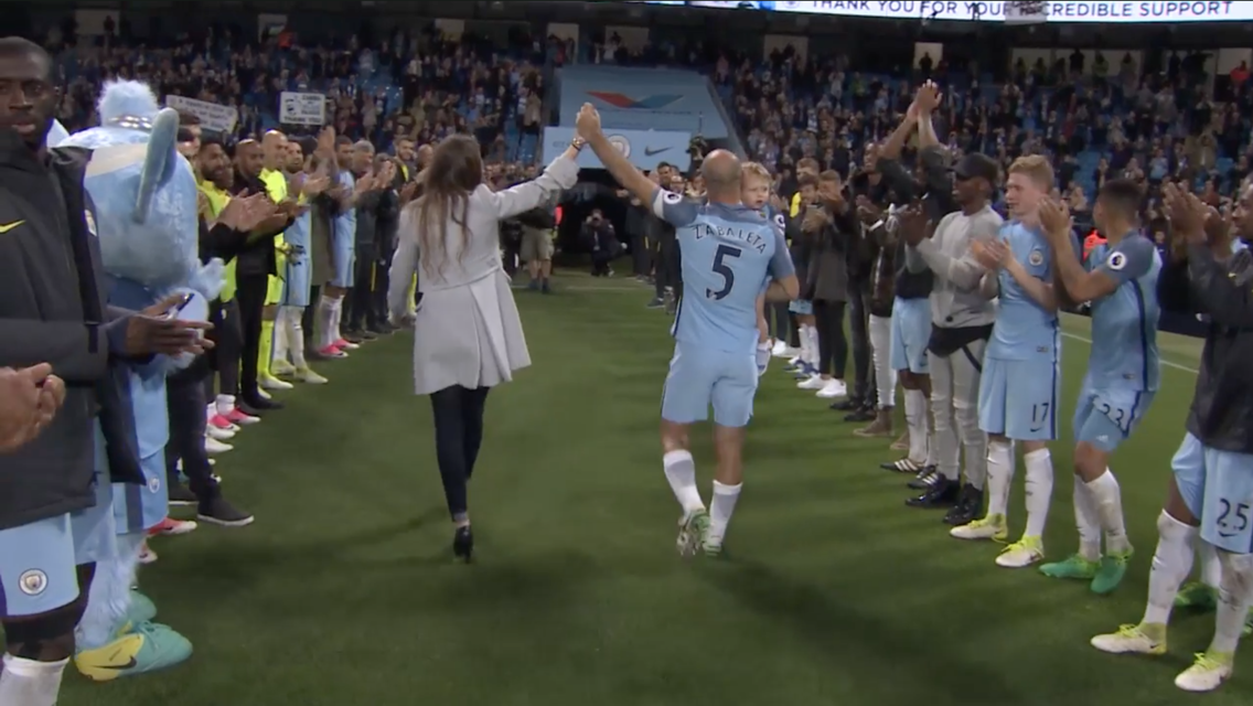 TUNNEL CAM: The players give Pablo Zabaleta a guard of honour, while the fans stand to applaud
