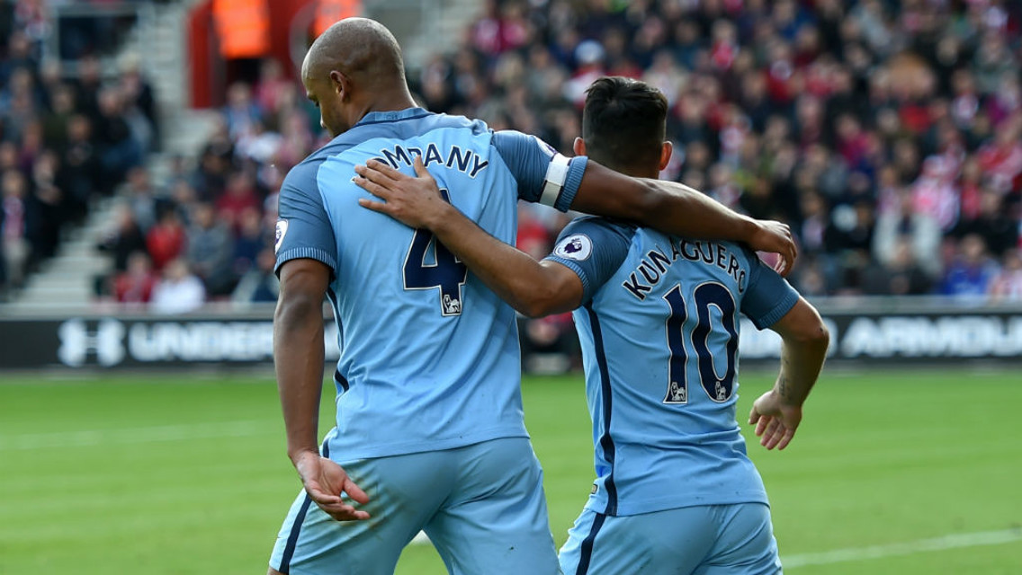 TOGETHER: Vincent Kompany and Sergio Aguero celebrate during the victory over Southampton