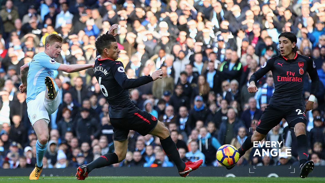 ON TARGET: Kevin De Bruyne strikes against Arsenal.