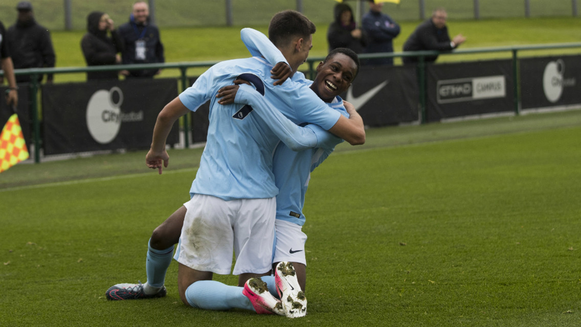JOY: Jeremie Frimpong congratulates Nabil Touaizi on his strike