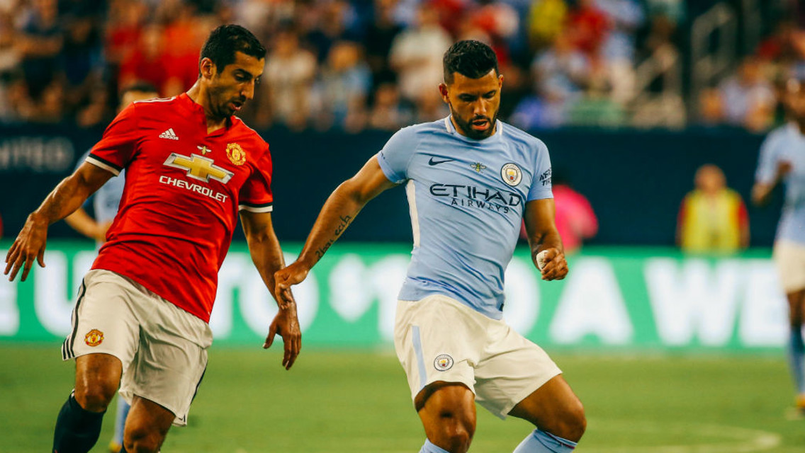 Sergio Aguero (right) in action during the Houston Manchester derby