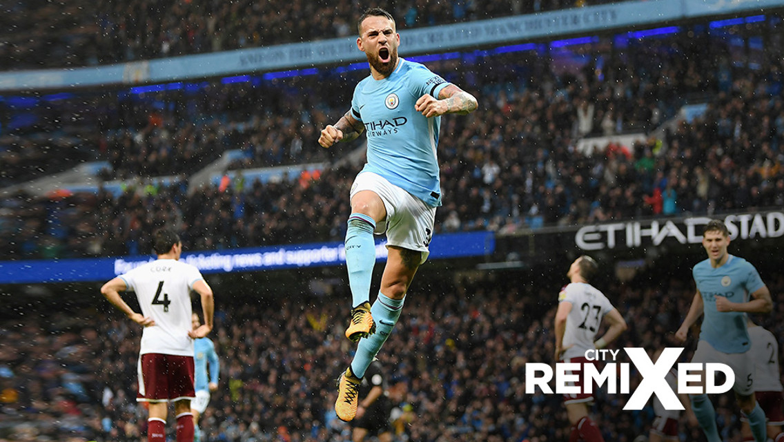 HEAD IN THE GAME: Nicolas Otamendi's bullet header secured City's second goal against Burnley.
