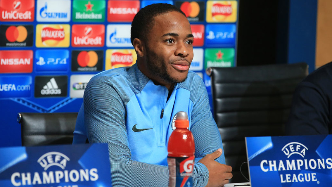 MEDIA DUTY: Raheem Sterling addresses the press ahead of the Champions League visit of Napoli