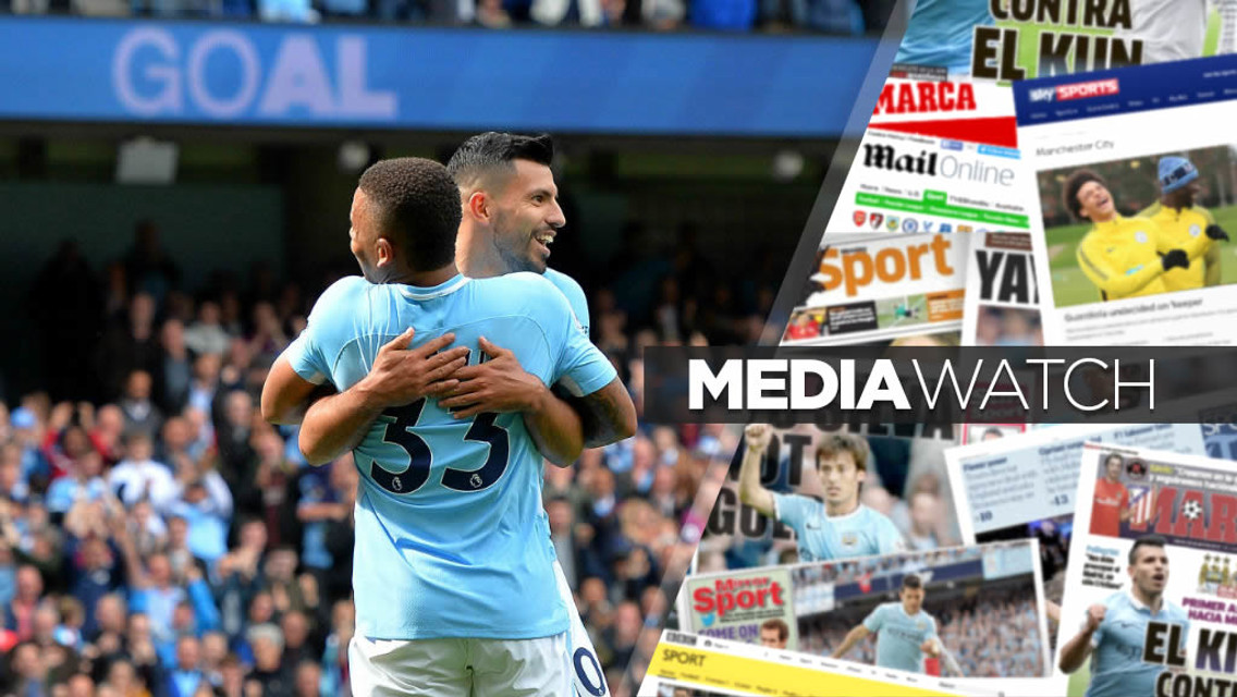 ON TARGET: Gabriel Jesus and Sergio Aguero embrace after the third goal against Liverpool