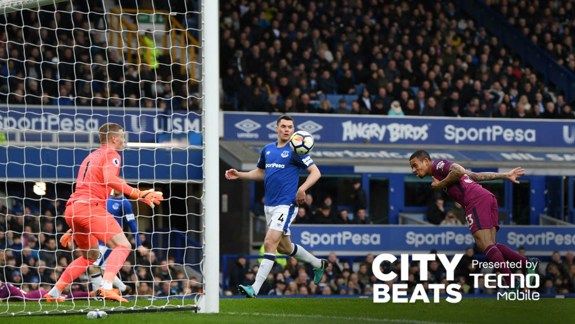 CITY BEATS: Gabriel Jesus powers home against Everton.