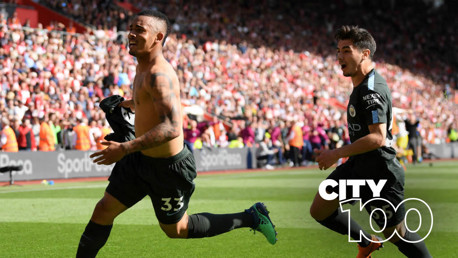 CENTURIONS! Gabriel Jesus celebrates his winner at Southampton