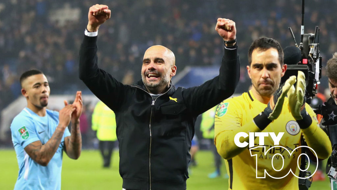WE'VE GOT.... A beaming Pep Guardiola can't resist joining in with the travelling City fans in celebration after our Carabao Cup quarter-final win at Leicester
